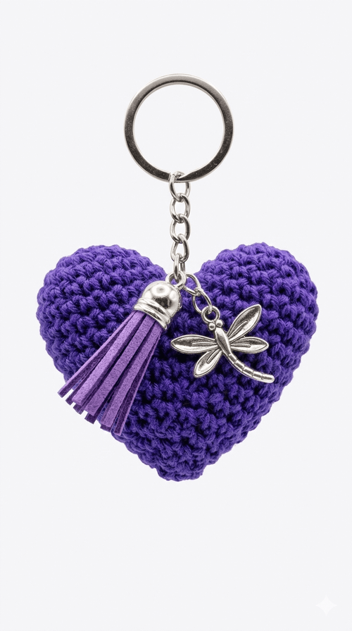 Llavero de corazón tejido a crochet en color morado con borla de flecos y dije metálico de libélula sobre fondo blanco.