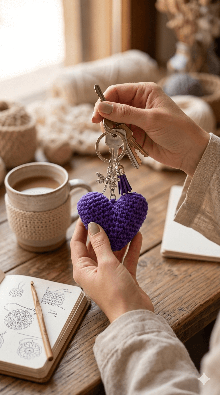 Llavero de corazón tejido a crochet en color morado con borla de flecos y dije metálico de libélula sobre fondo blanco.