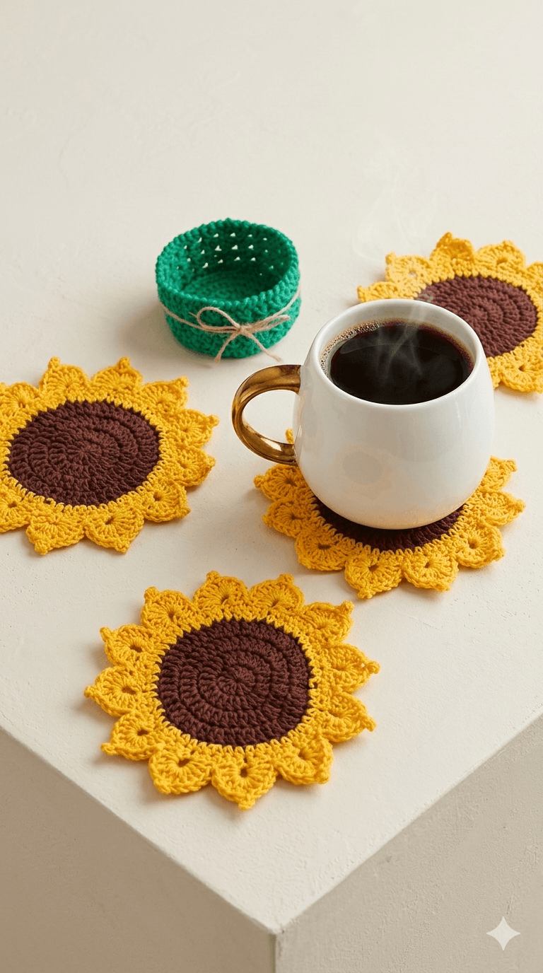 Set de Posavasos Girasol de Crochet con Cesta Verde