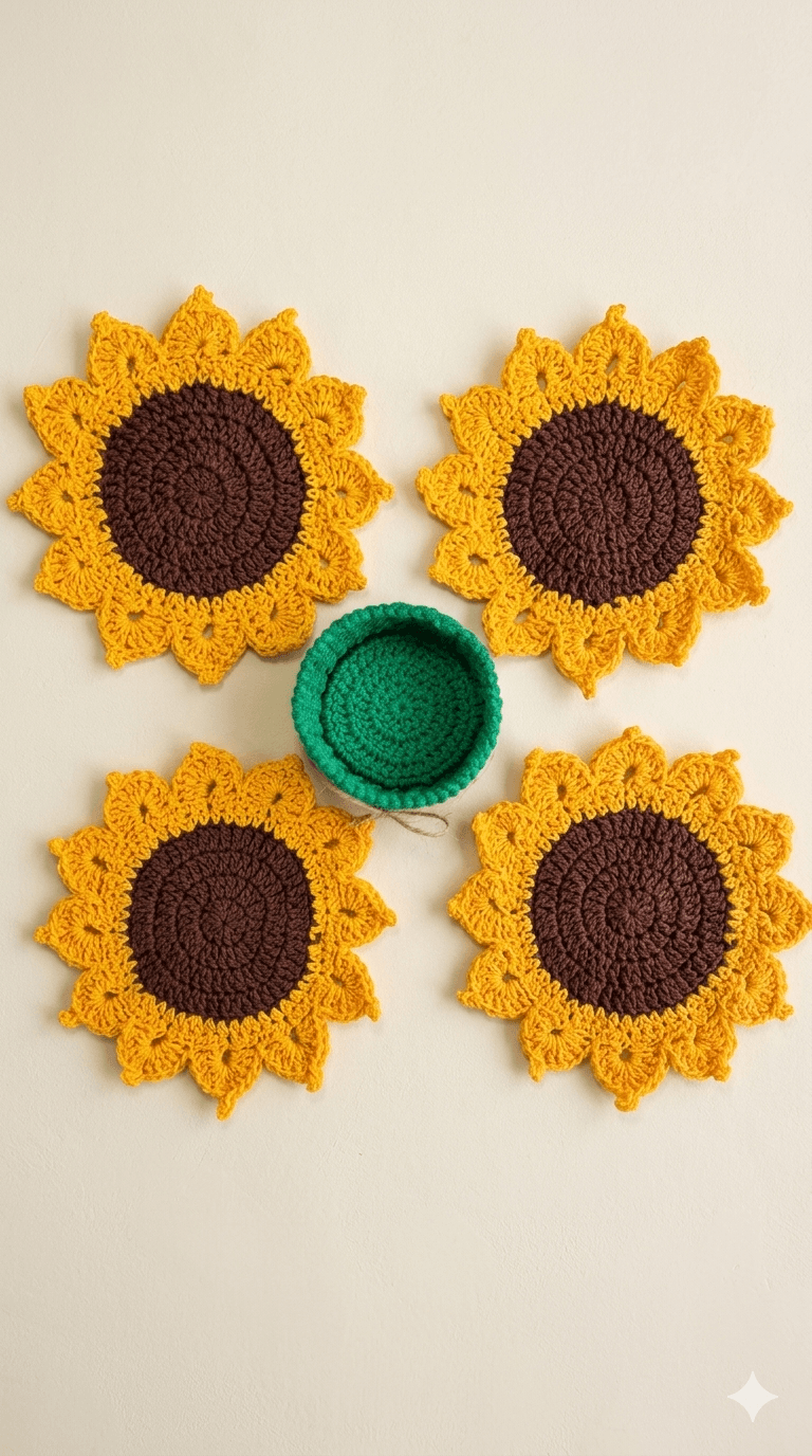 Cuatro posavasos de crochet amarillos con forma de girasol y una pequeña canasta verde tejida