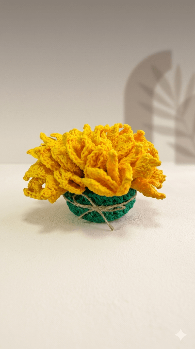 Cuatro posavasos de crochet amarillos con forma de girasol y una pequeña canasta verde tejida