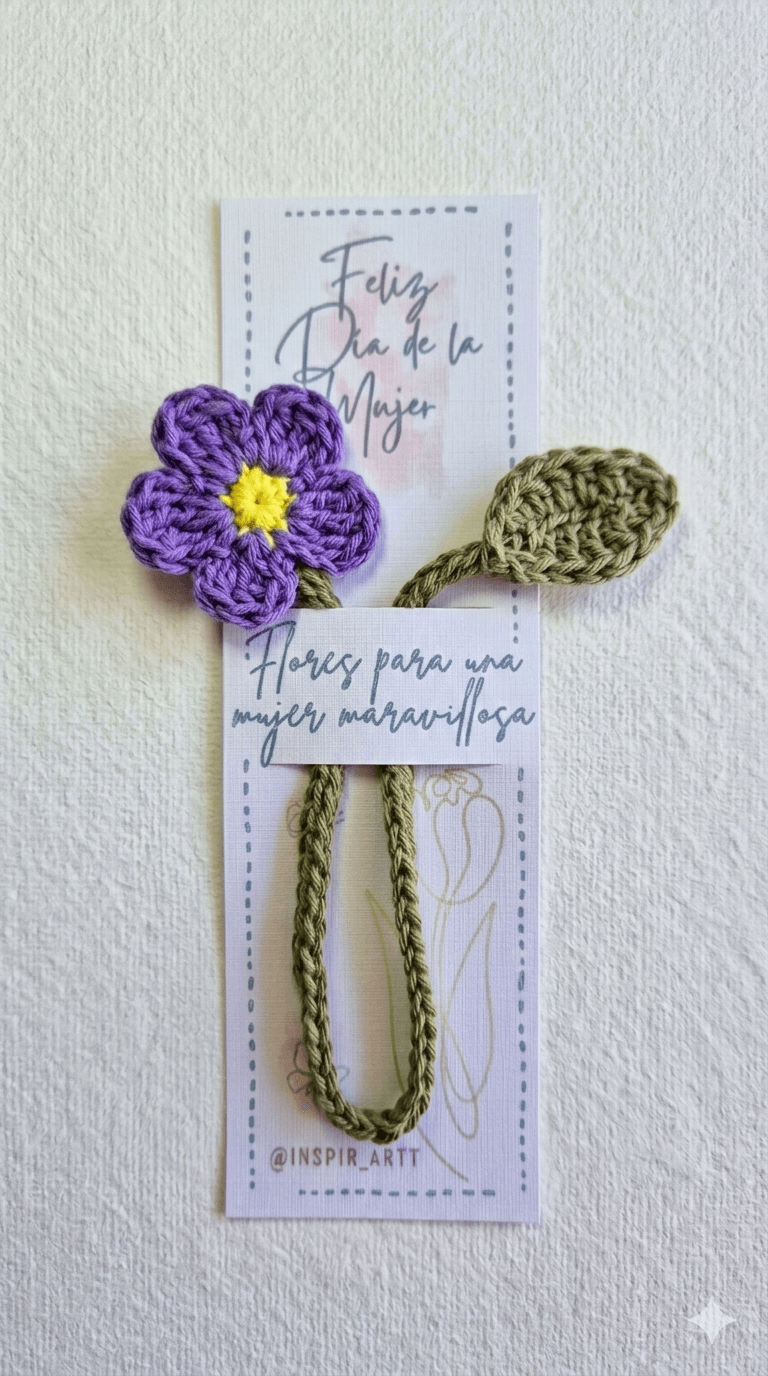 Marcalibro de Flor Tejida a Mano con Tallo - Morado