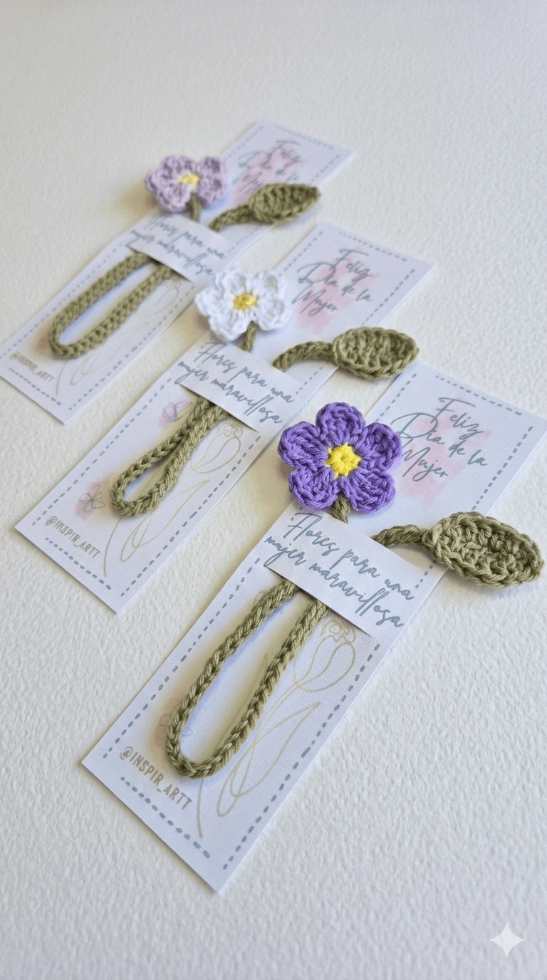 Marcapáginas de flores tejidas a mano en varios colores (morado, lavanda, fucsia, amarillo y rojo) con tallos verdes, presentados en tarjetas con mensajes decorativos.
