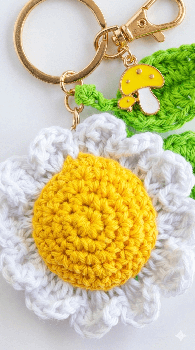 Llavero de margarita tejida a mano con centro amarillo y pétalos blancos, incluye hojas verdes tejidas, un dije de hongo amarillo y herrajes dorados.