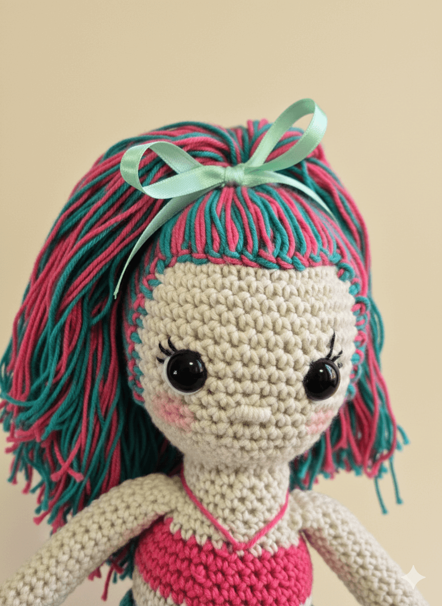 Muñeca sirena tejida a mano estilo amigurumi con cabello largo rosa y verde, cuerpo rosa y crema, sobre un fondo marino ilustrado.