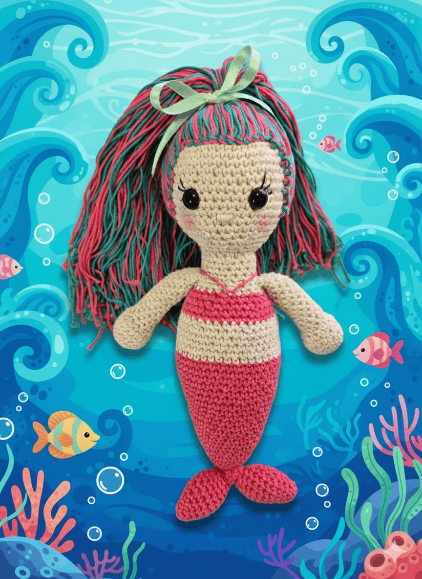 Muñeca sirena tejida a mano estilo amigurumi con cabello largo rosa y verde, cuerpo rosa y crema, sobre un fondo marino ilustrado.