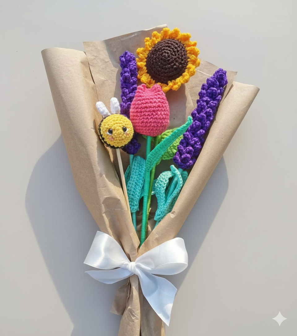 Ramo de Tulipán y Girasol con Abejita Amigurumi