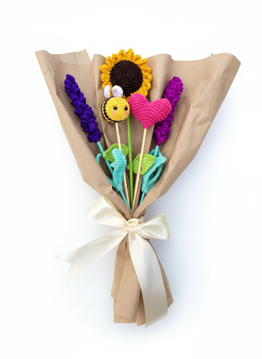 Ramo de Flores Eternas con Abejita Amigurumi y Girasol