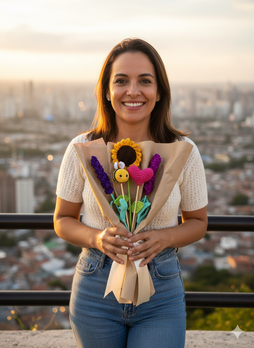 Ramo artesanal envuelto en papel kraft que contiene un girasol tejido, dos flores de lavanda, un corazón y una pequeña abejita amigurumi tejida a mano.