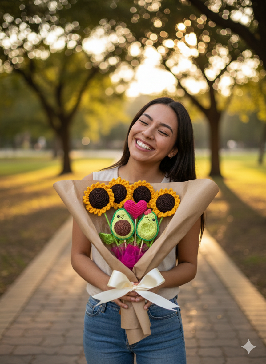 Ramo artesanal de flores tejidas que incluye 4 girasoles, un corazón rosado y una pareja de paltas amigurumi envuelto en papel café con un lazo blanco.