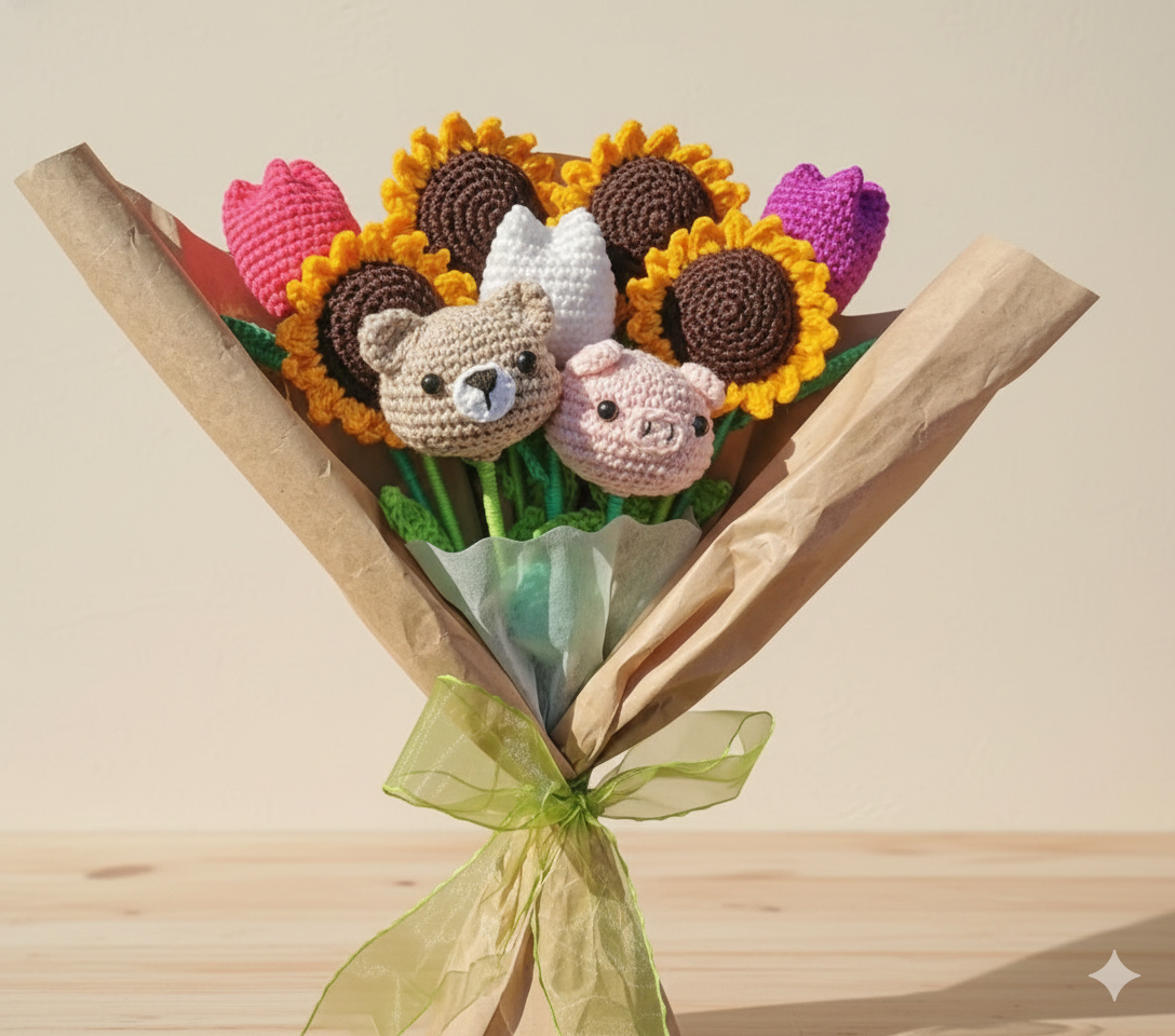 Ramo de Girasoles y Tulipanes con Osito y Chanchito Amigurumi