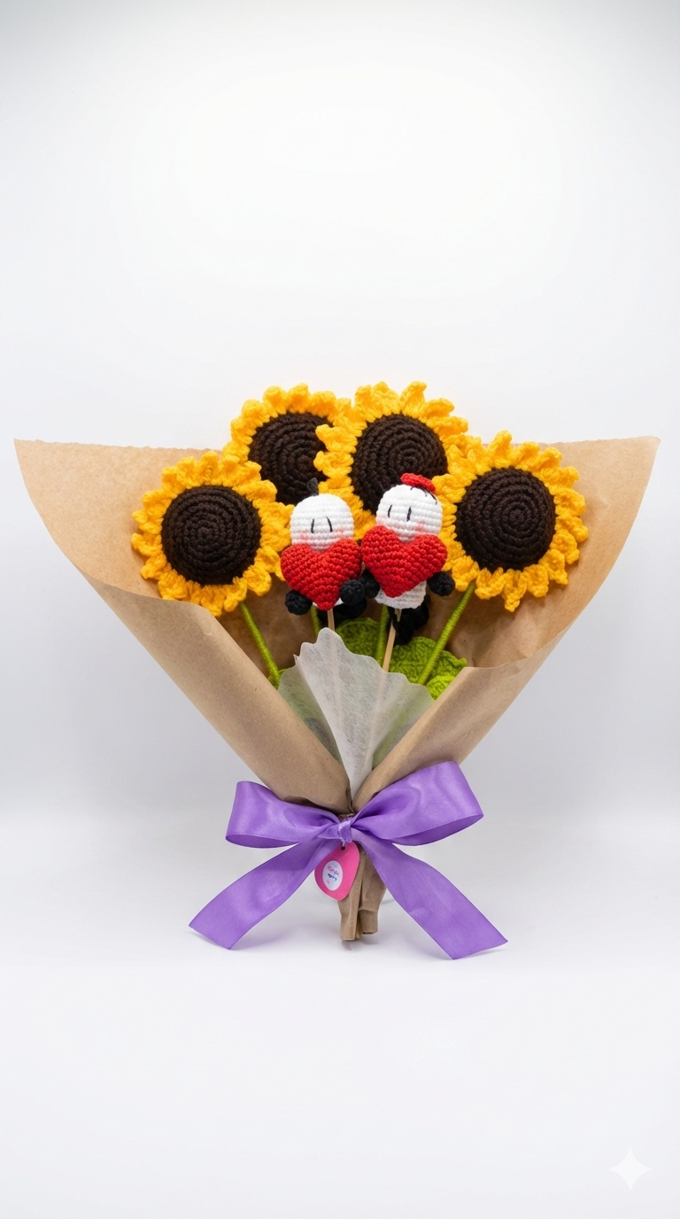 Ramo de 4 girasoles tejidos a crochet y una pareja de personajes Bigli y Migli con corazones rojos, envuelto en papel café con un lazo morado.