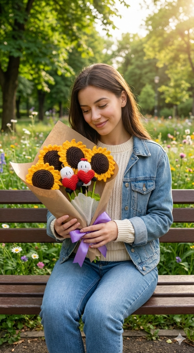 Ramo de 4 girasoles tejidos a crochet y una pareja de personajes Bigli y Migli con corazones rojos, envuelto en papel café con un lazo morado.