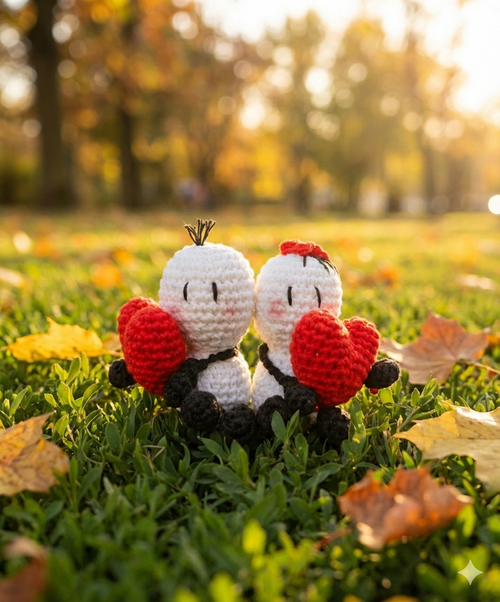 Amigurumis Bigli y Migli tejidos a crochet en un entorno natural con iluminación cálida.