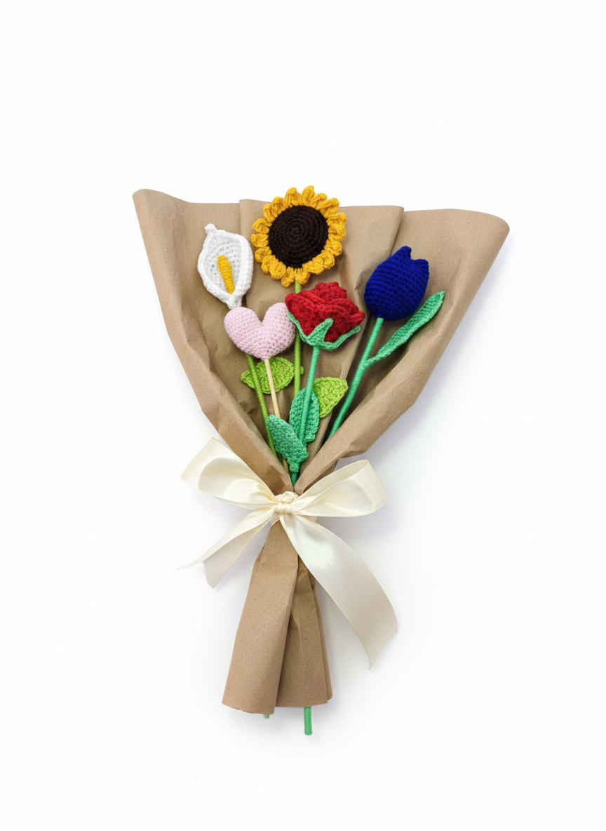 Ramo de Flores Tejidas con Cala, Rosa y Girasol