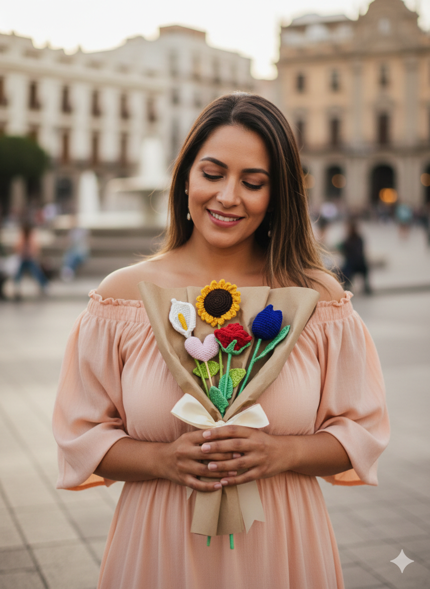 Ramo de flores tejidas a crochet envuelto en papel café que incluye una cala, una rosa, un girasol, un tulipán y un corazón.