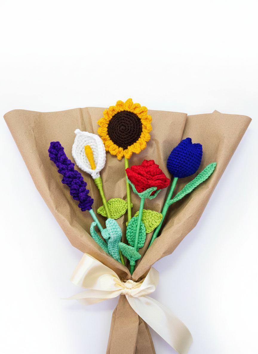 Ramo de Flores Eternas: Cala, Lavanda y Girasol Tejidos