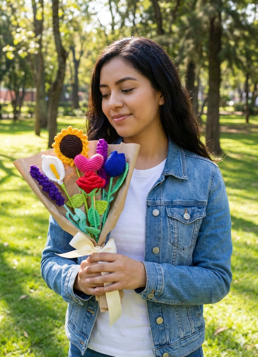Ramo artesanal envuelto en papel café que incluye una cala, lavanda, una rosa, un girasol y un tulipán, todos tejidos a mano.