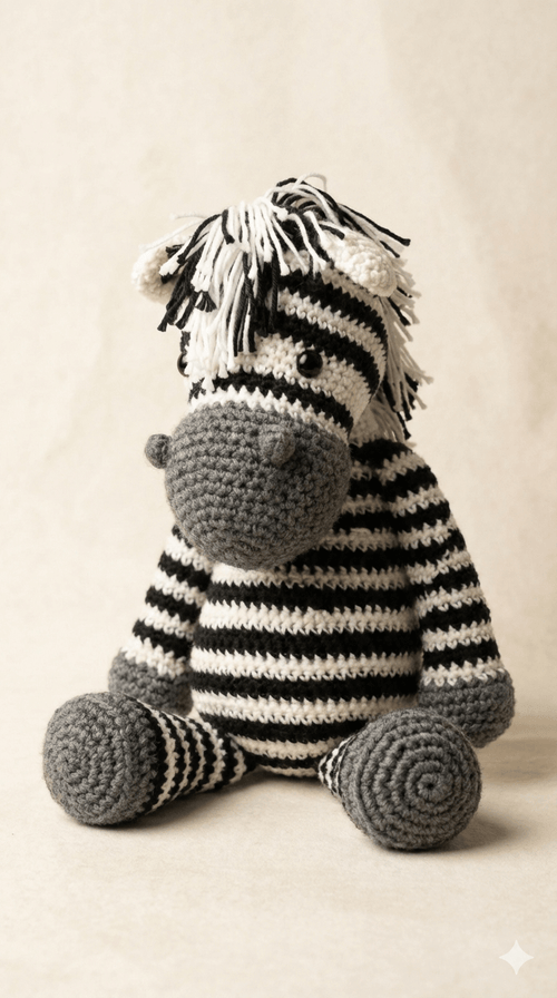 Muñeca cebra tejida a mano en técnica amigurumi con rayas blancas y negras, sentada sobre un fondo neutro.