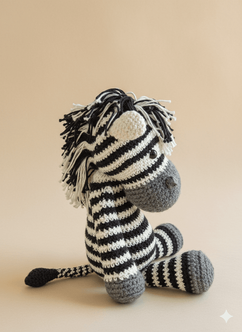 Muñeca cebra tejida a mano en técnica amigurumi con rayas blancas y negras, sentada sobre un fondo neutro.