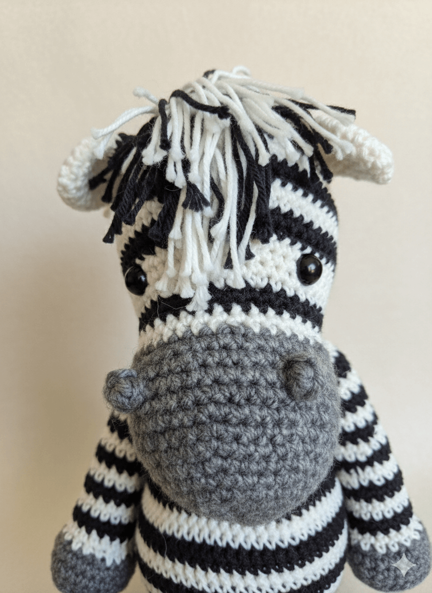 Muñeca cebra tejida a mano en técnica amigurumi con rayas blancas y negras, sentada sobre un fondo neutro.