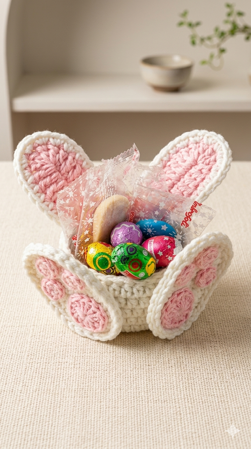 Cesta de Pascua tejida a mano a crochet con forma de conejo, con orejas altas rosadas y patitas visibles, llena de coloridos huevitos y monedas de chocolate sobre una mesa texturizada.