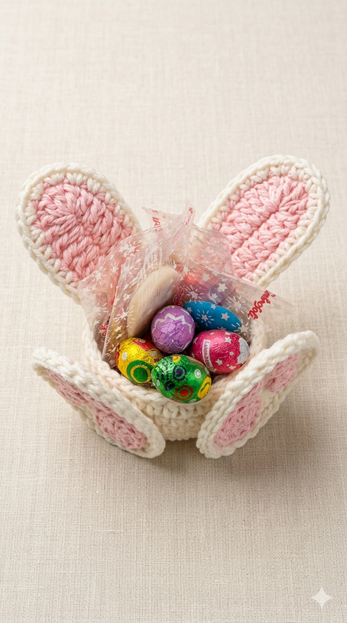 Cesta de Pascua tejida a mano a crochet con forma de conejo, con orejas altas rosadas y patitas visibles, llena de coloridos huevitos y monedas de chocolate sobre una mesa texturizada.