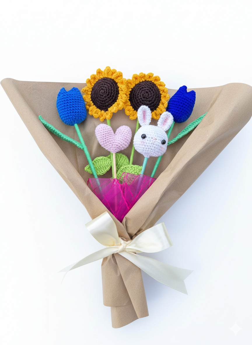 Ramo de Tulipanes y Girasoles con Conejito Amigurumi