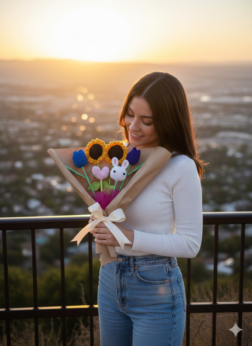 Ramo de flores tejidas a mano que incluye dos girasoles, dos tulipanes azules, un corazón rosado y un conejito blanco amigurumi, envuelto en papel café con lazo.