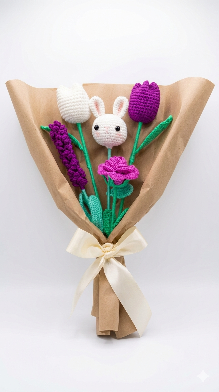 Ramo de Flores Eternas con Conejito Amigurumi y Rosa
