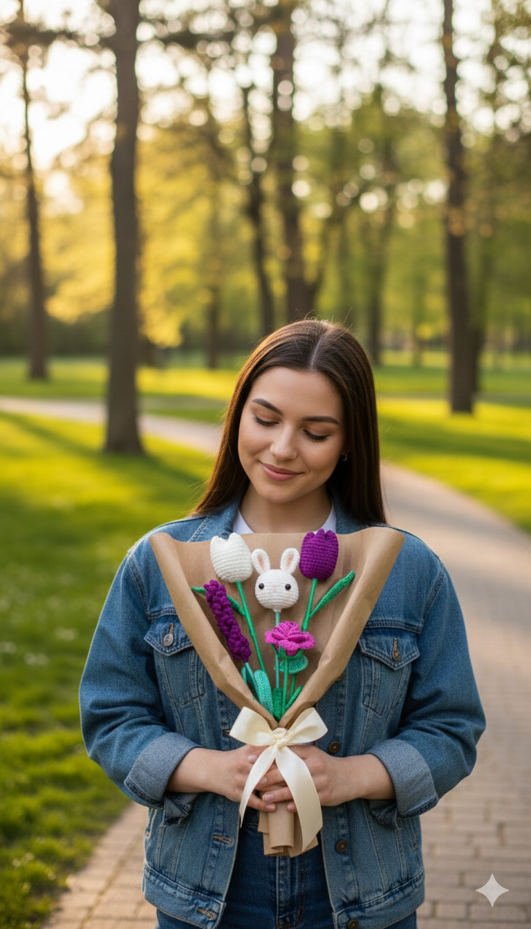 Ramo de flores tejidas a mano envuelto en papel café con lazo, que incluye un conejito blanco amigurumi, una rosa fucsia, tulipanes y una lavanda púrpura.