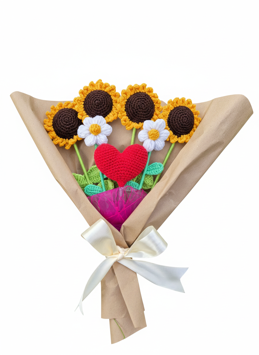 Ramo Eterno de Girasoles y Margaritas con Corazón Tejido