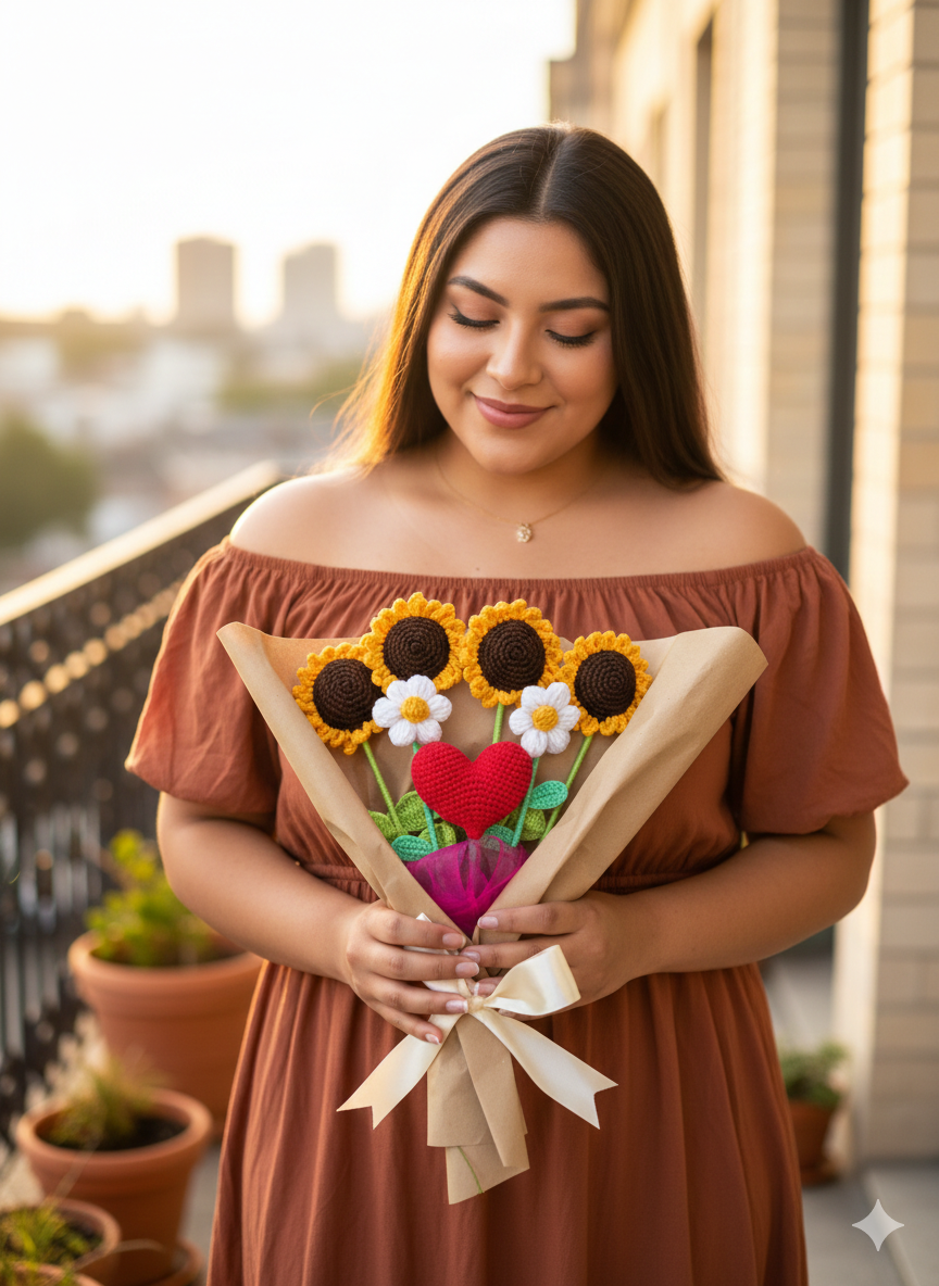Ramo de flores tejidas a crochet envuelto en papel café con un lazo, que incluye 4 girasoles, 2 margaritas blancas y un gran corazón rojo en el centro.
