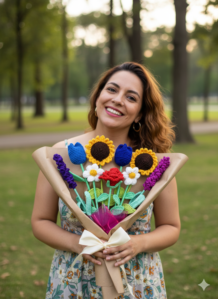 Ramo premium de 9 flores tejidas a mano que incluye una rosa roja, girasoles, tulipanes azules, margaritas y lavandas, envuelto en papel café.