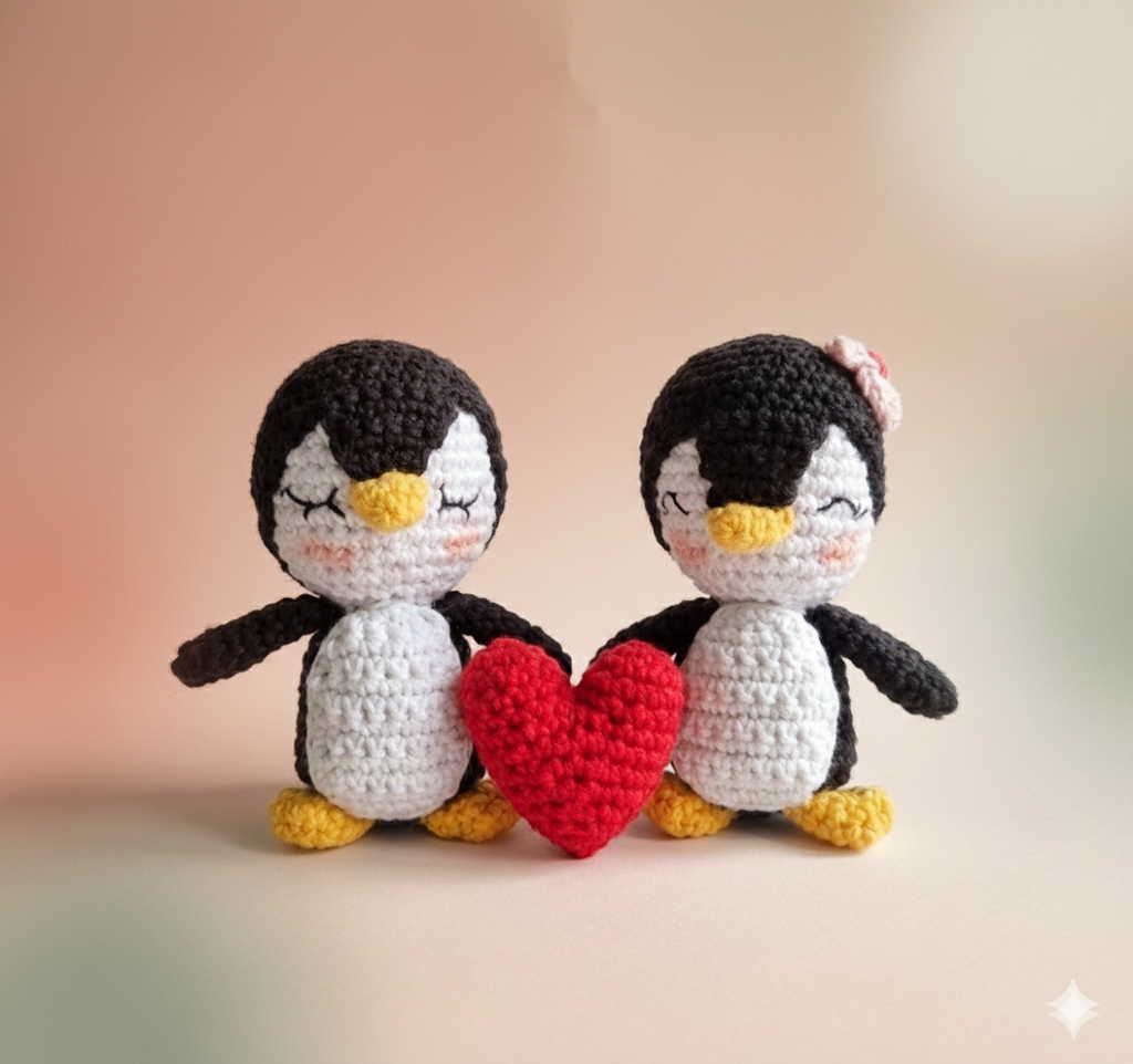 Primer plano nítido de pingüinos tejidos a crochet con detalle de flor rosa y ojos cerrados.