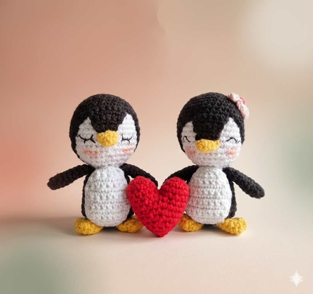 Primer plano nítido de pingüinos tejidos a crochet con detalle de flor rosa y ojos cerrados.