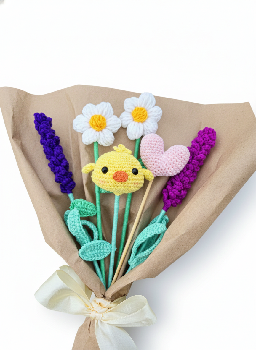 Ramo de Flores Eternas con Pollito Amigurumi y Margaritas